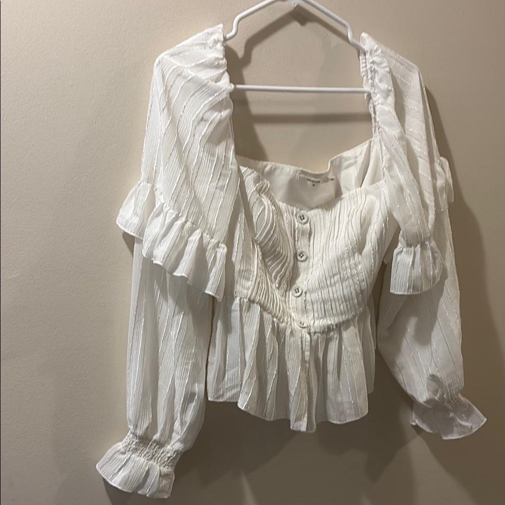 Tularosa white Blouse with Ruffled Bib Collar and Long Sleeves - crop - medium